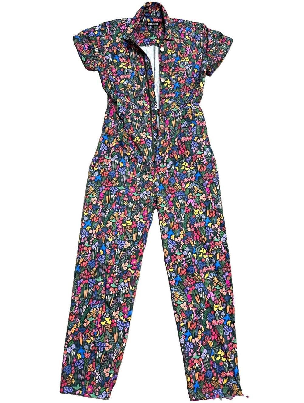 Mixed by Nasrin Secret Garden Floral Woven Jumpsuit Collared Zip Front Pockets S